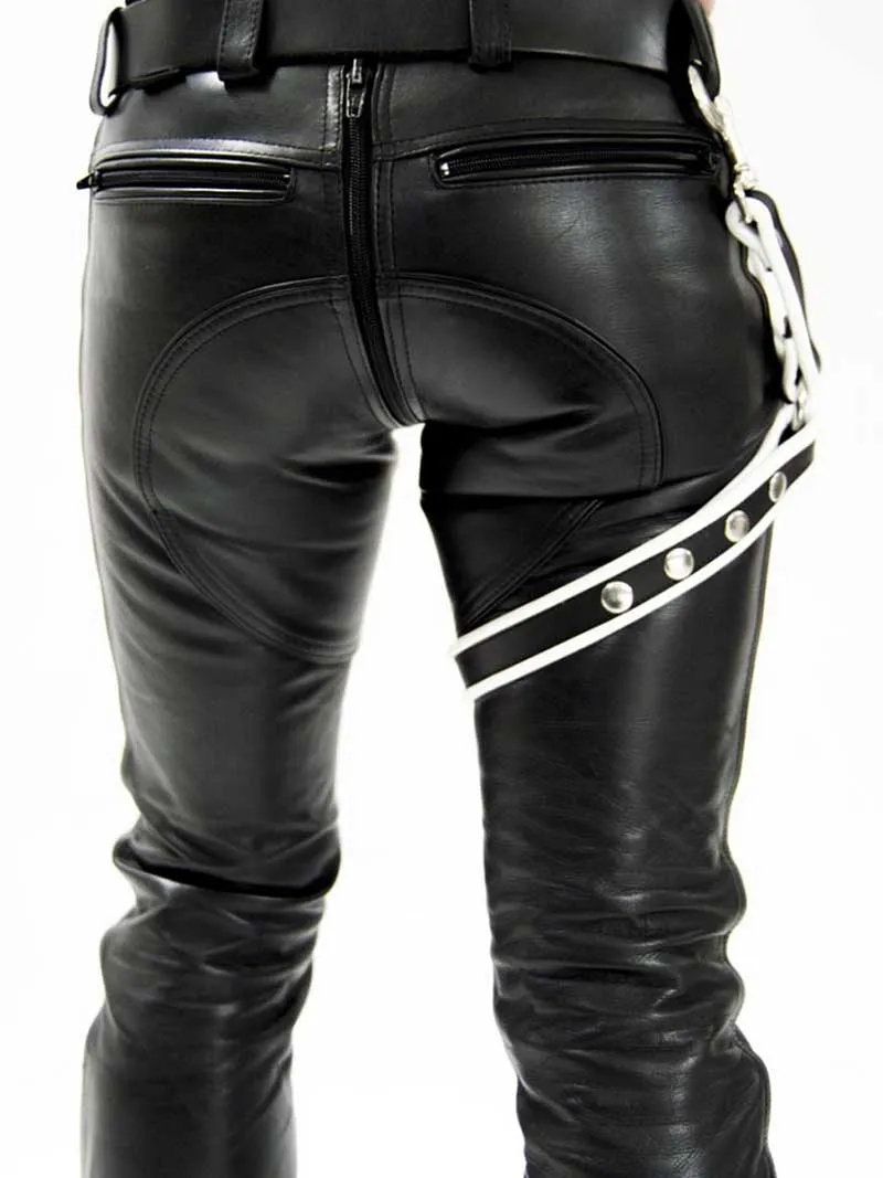 Mister B Leather Leg Harness Black/White 602840 Size L/XL